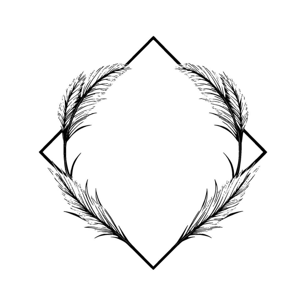 A minimalist blackandwhite image featuring a rhombus frame adorned with elegant feather accents, centered on a clean white background. vector