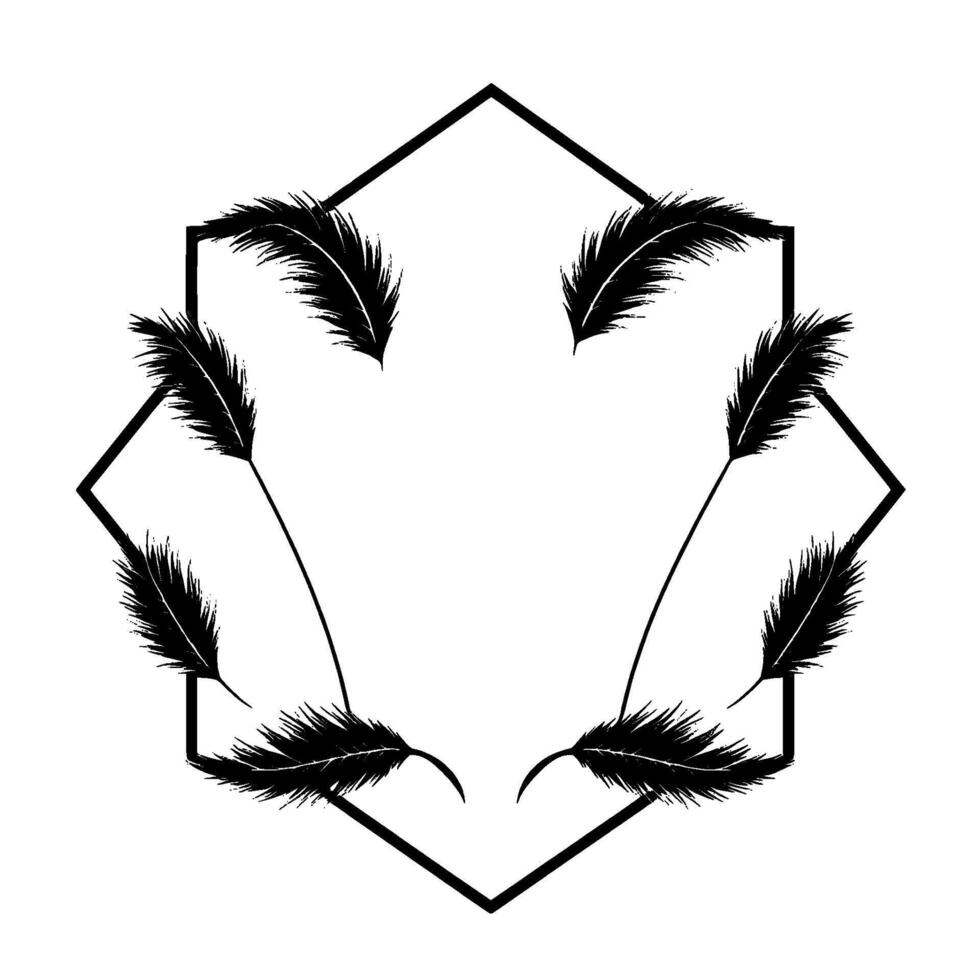 Minimalist Black Feather Wreath Inside a Geometric Black Hexagon Frame on a White Background. vector