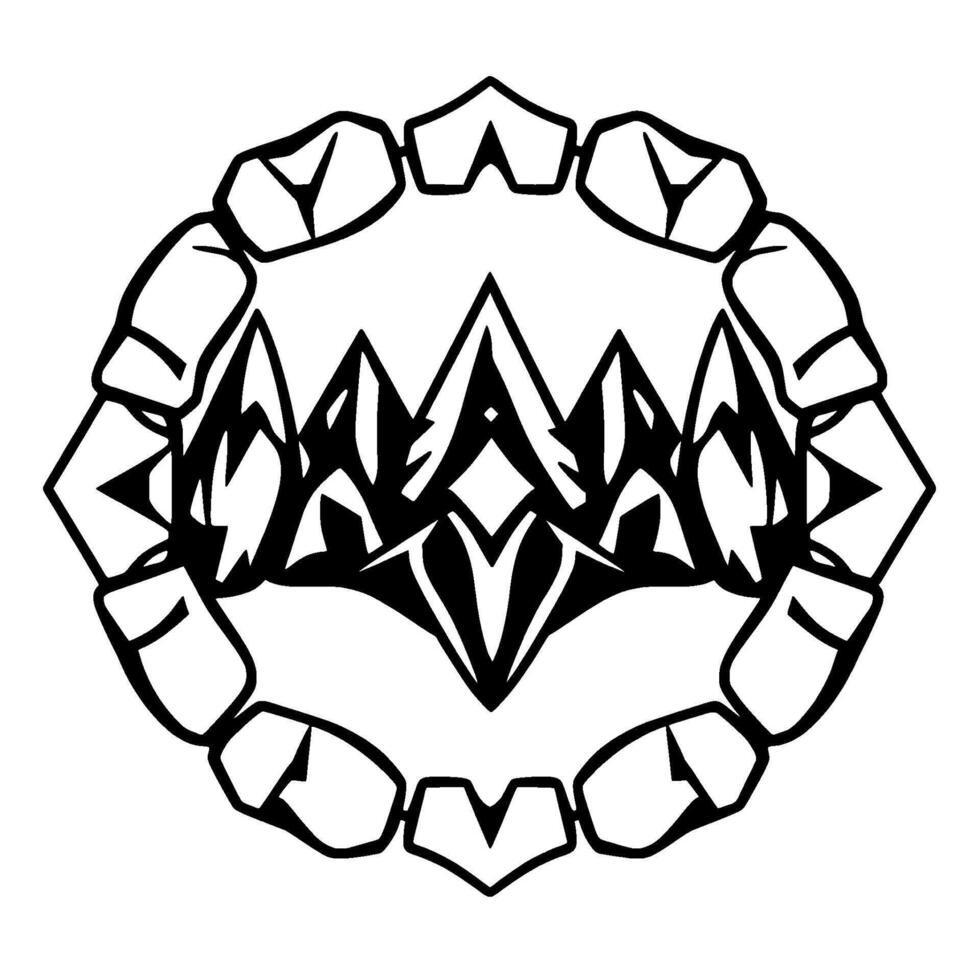 Geometric black and white with a central diamondshaped element surrounded by abstract crownlike motifs and a segmented circular border. vector