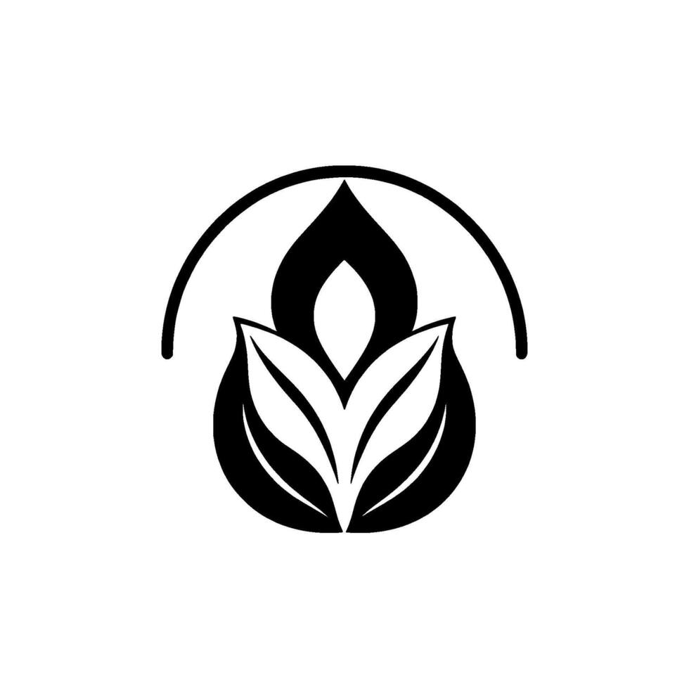 Minimalist Black and White A stylized floral emblem with a central flamelike shape encompassed by a halfcircle. vector
