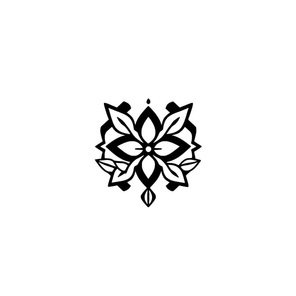 A symmetrical, minimalist black and white floral emblem with layered petal and leaf motifs, centered on a white background, radiating a sense of balance and intricacy. vector