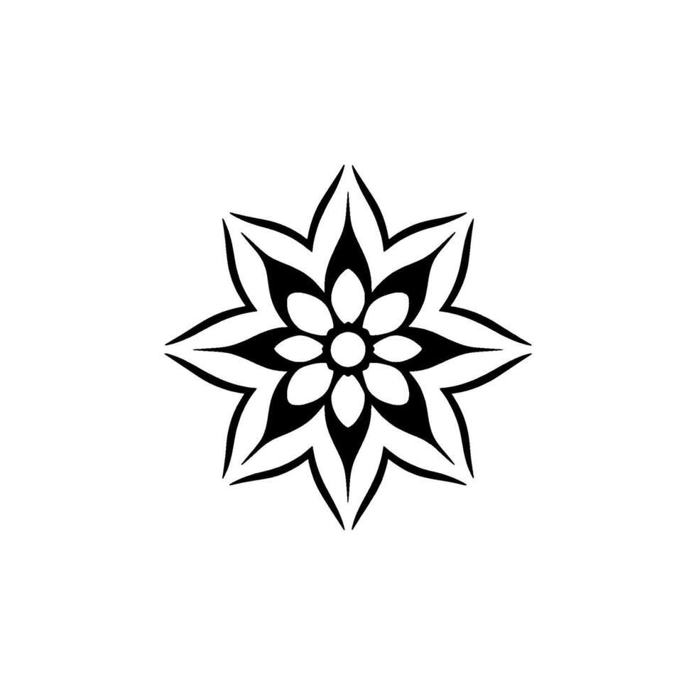 Symmetrical Black and White Floral , Featuring Detailed Petals and Center Circle Arrangement, on a Clean White Backdrop. vector