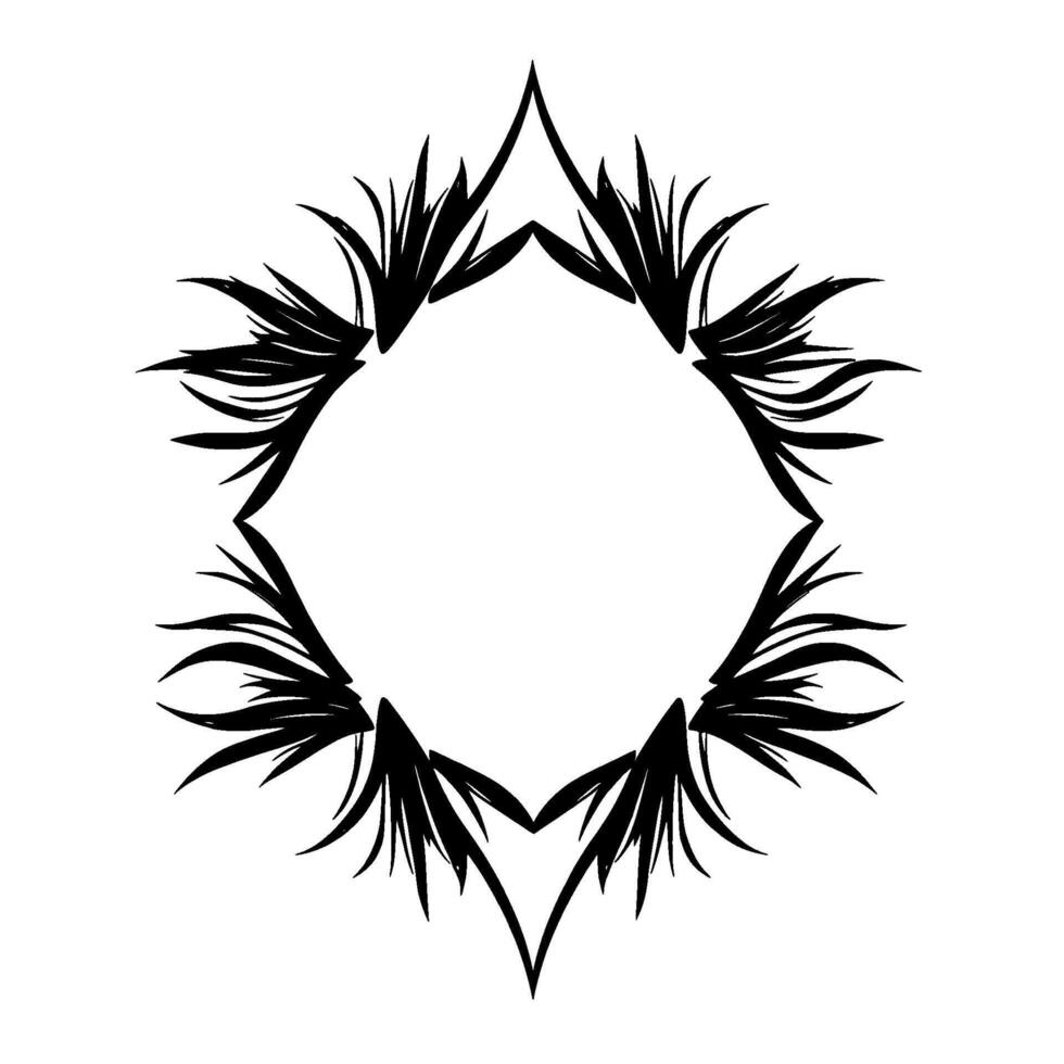 Geometric black and white featuring a rhombusshaped frame adorned with stylized spiky leaf patterns. vector