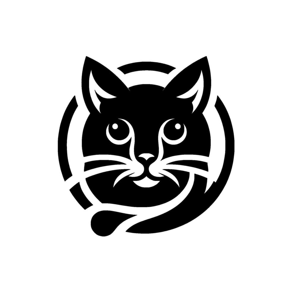 Sleek black cat within a circle, simple lines, expressive eyes, and a playful curved tail, all set against a clean white backdrop. vector