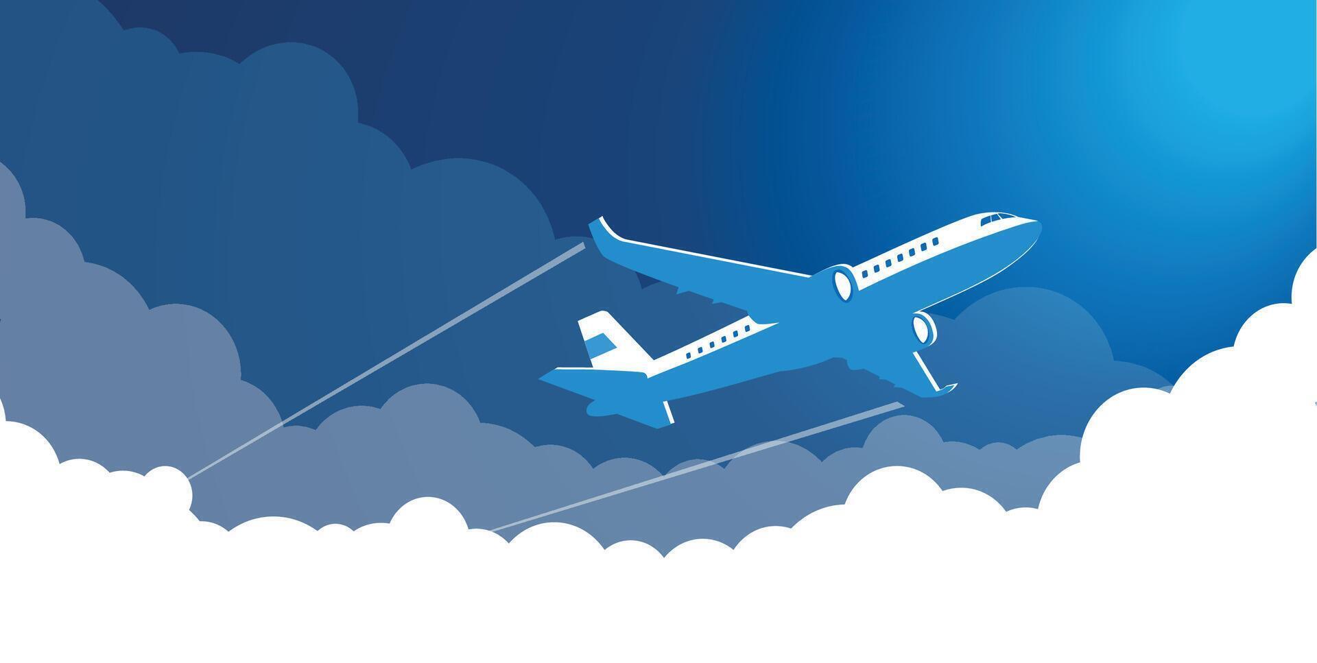 airplane iflies to the right up in blue sky with clouds vector