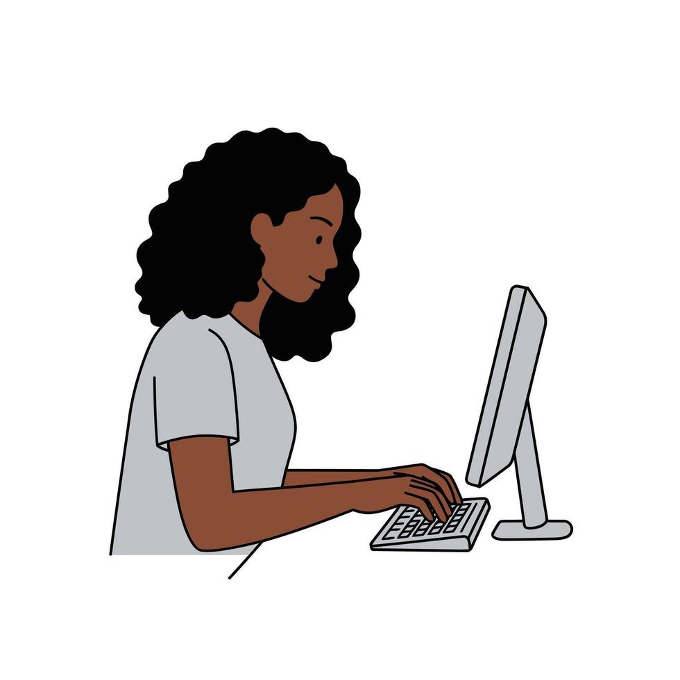 A woman with curly hair is sitting at a computer vector