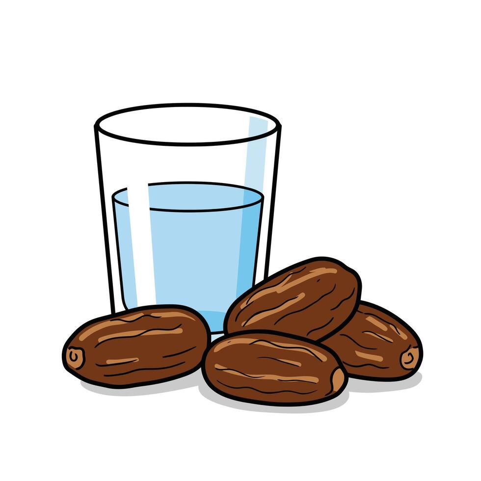 A glass of water and a bowl of dates vector