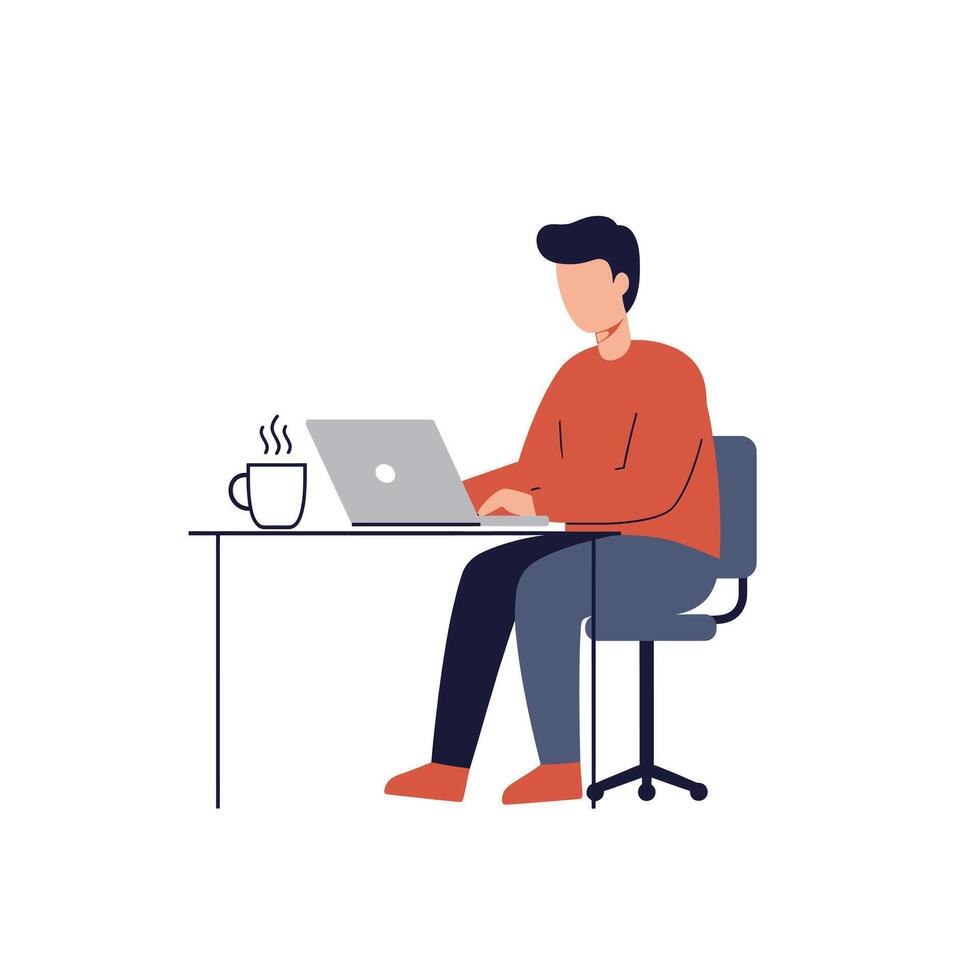 Man working on laptop at desk with coffee cup vector
