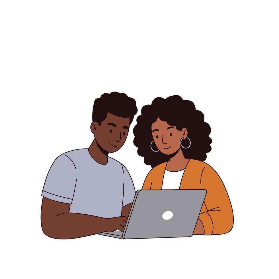 An illustration of a couple using a laptop vector