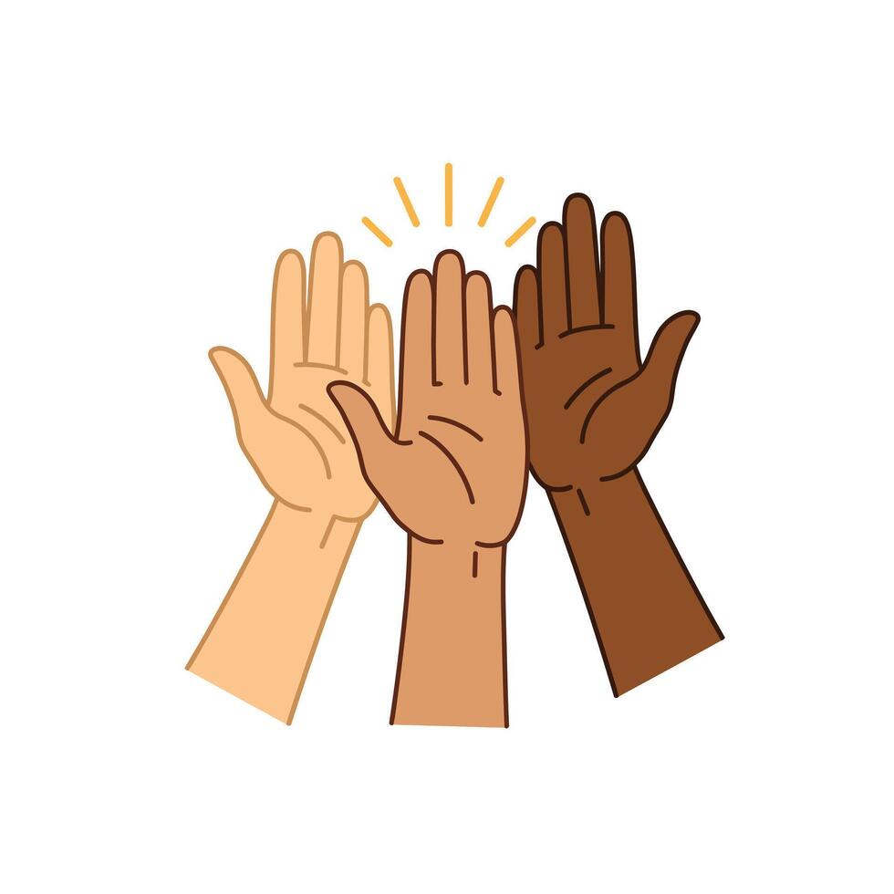 Hands raised up in a group with a sunburst vector