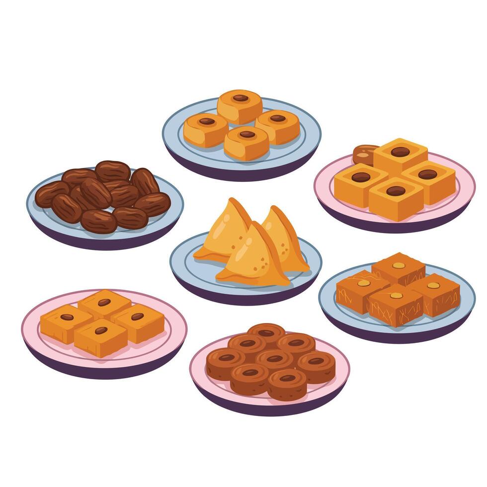 Indian sweets on plates, illustration vector