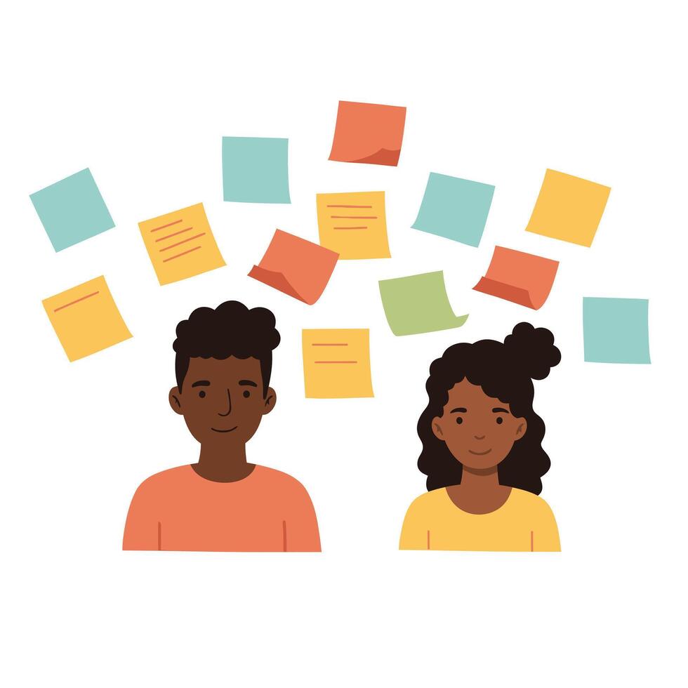 Two people are standing in front of a white background with sticky notes vector