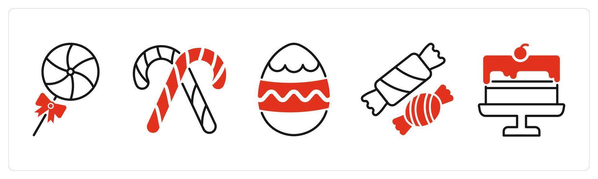 Five Christmas icons as candy, candy cane, easter egg vector