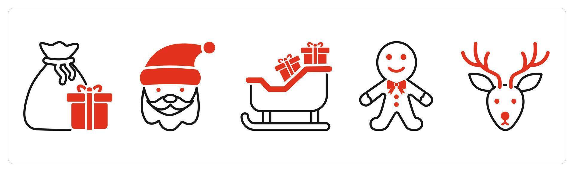 Five Christmas icons as santa bag, santa claus, sleigh vector