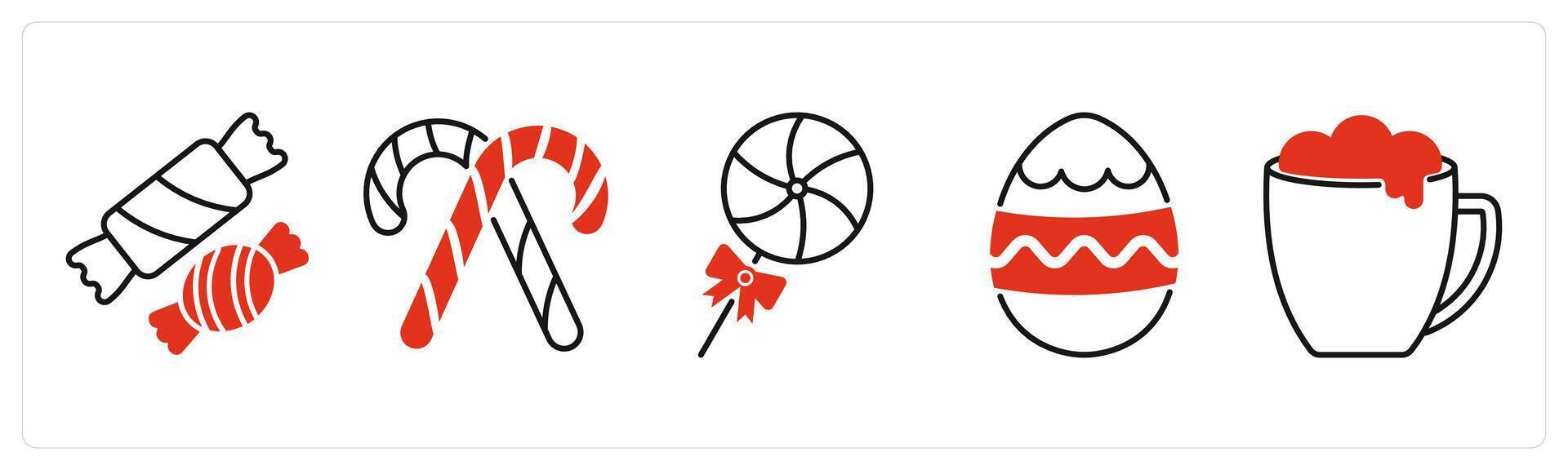 Five Christmas icons as candy, candy cane, easter eggs vector