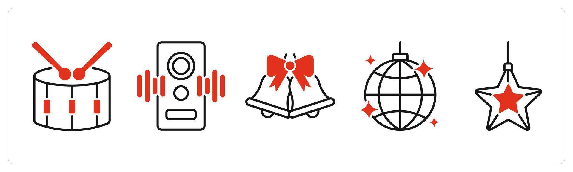 Five Christmas icons as drum, music system, christmas bell vector