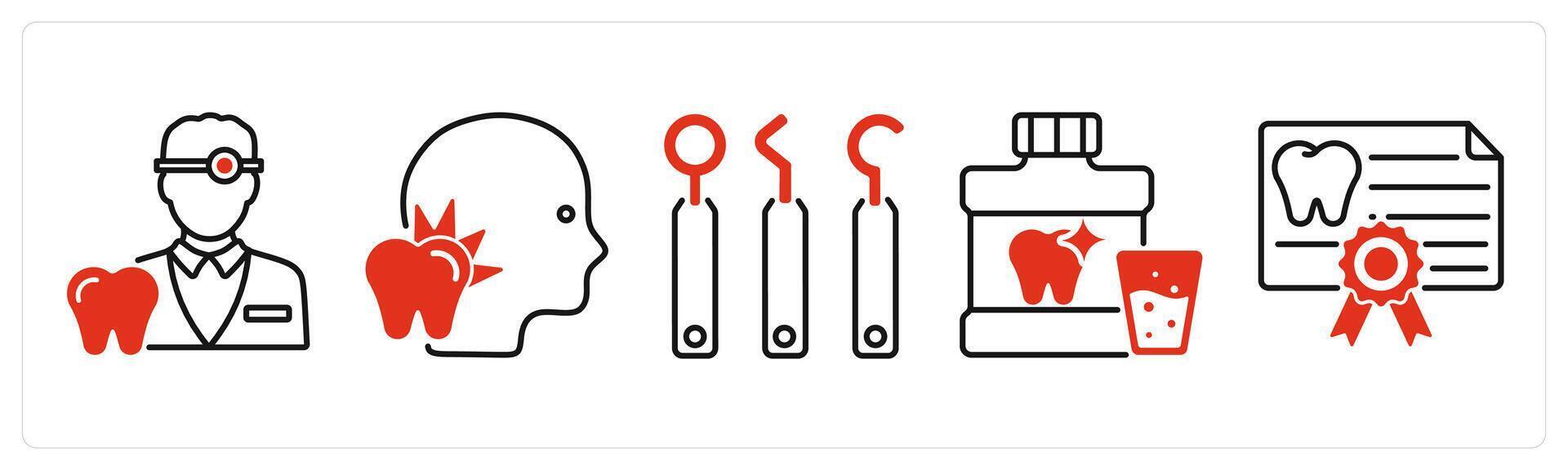 Five Dental Care icons as dentist, toothache, dental equipment vector