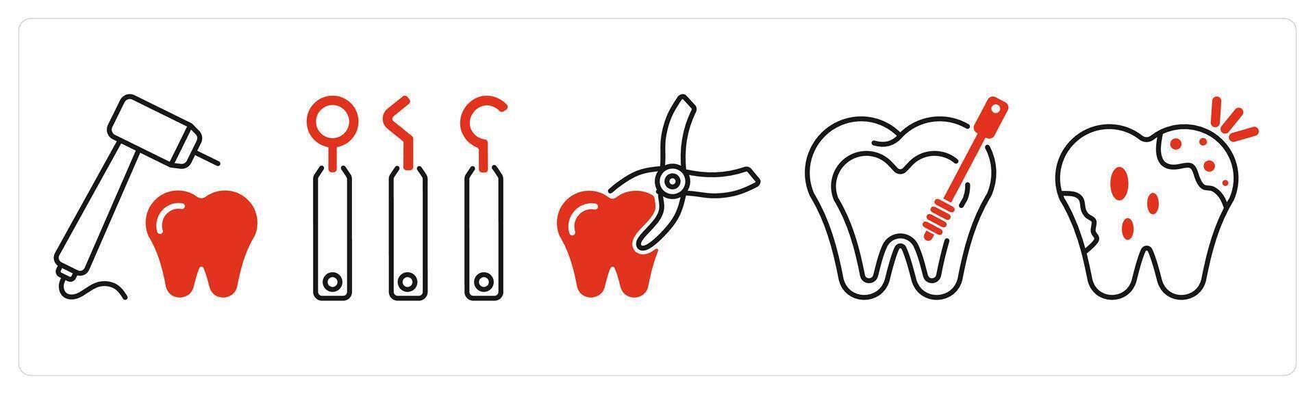 Five Dental Care icons as tooth drill, dental equipment, tooth remove vector