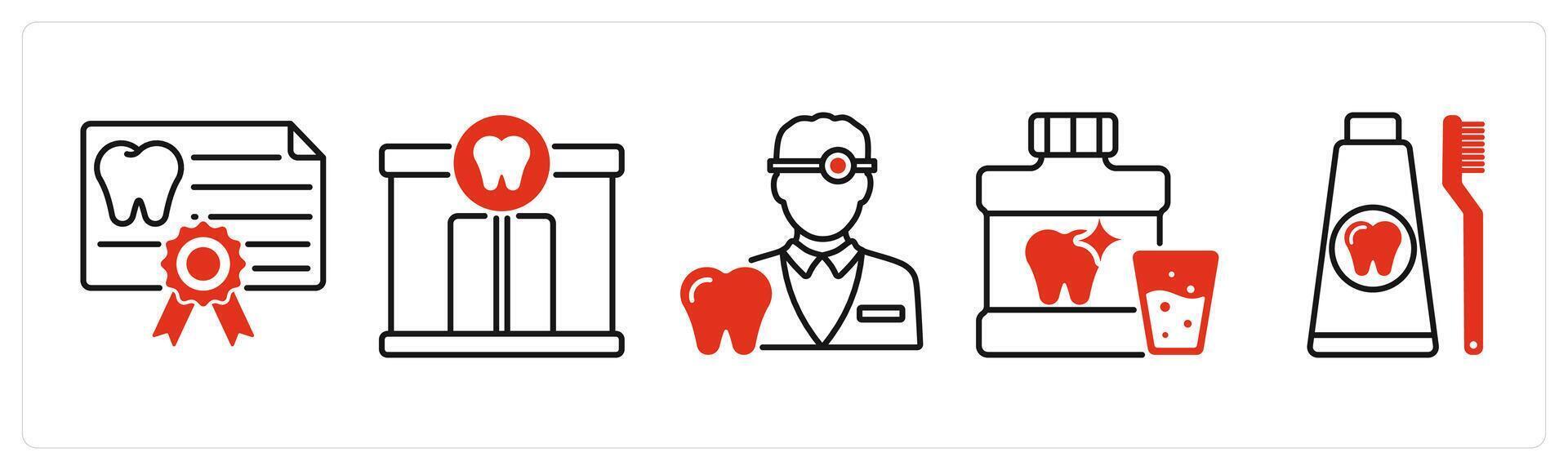 Five Dental Care icons as dental certificate, dental clinic, dentist vector