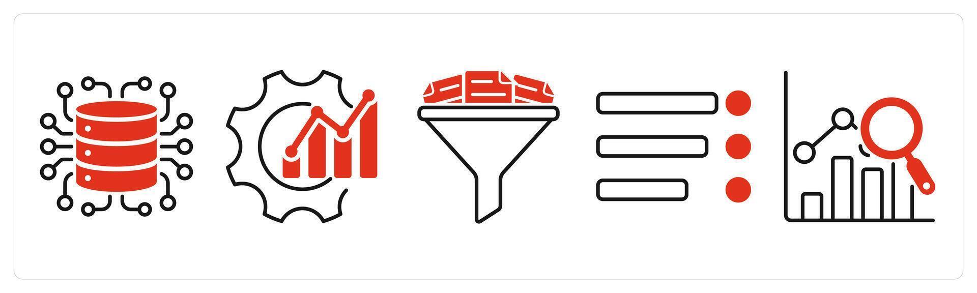 Five Diagram icons as data generator, optimization, filtering vector