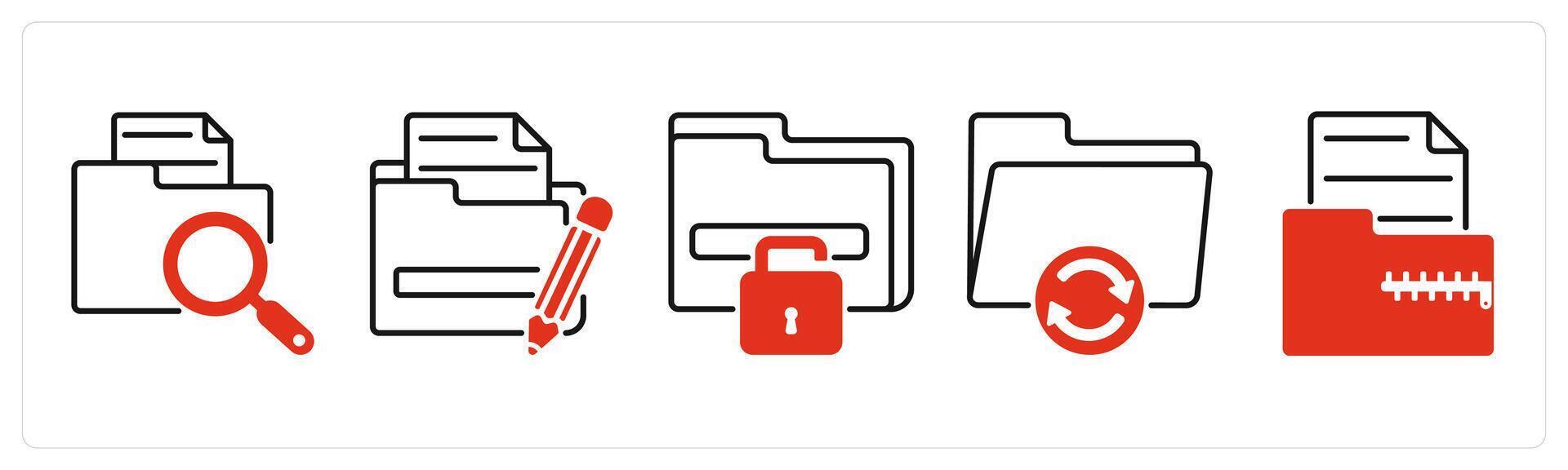 Five Files icons as search file, edit folder, unlock folder vector