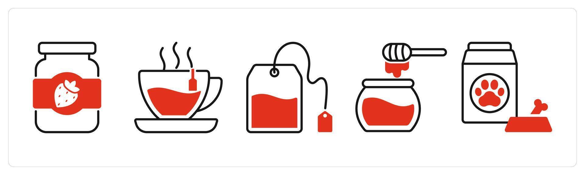 Five Food and Drink icons as jam, tea, tea bag vector