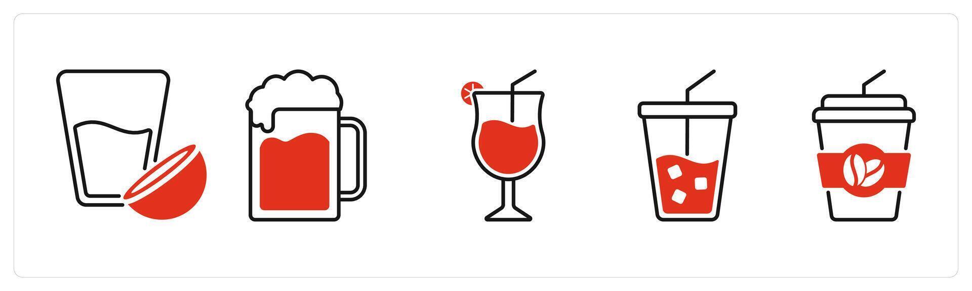 Five Food and Drink icons as coconut milk, beer, mocktail vector