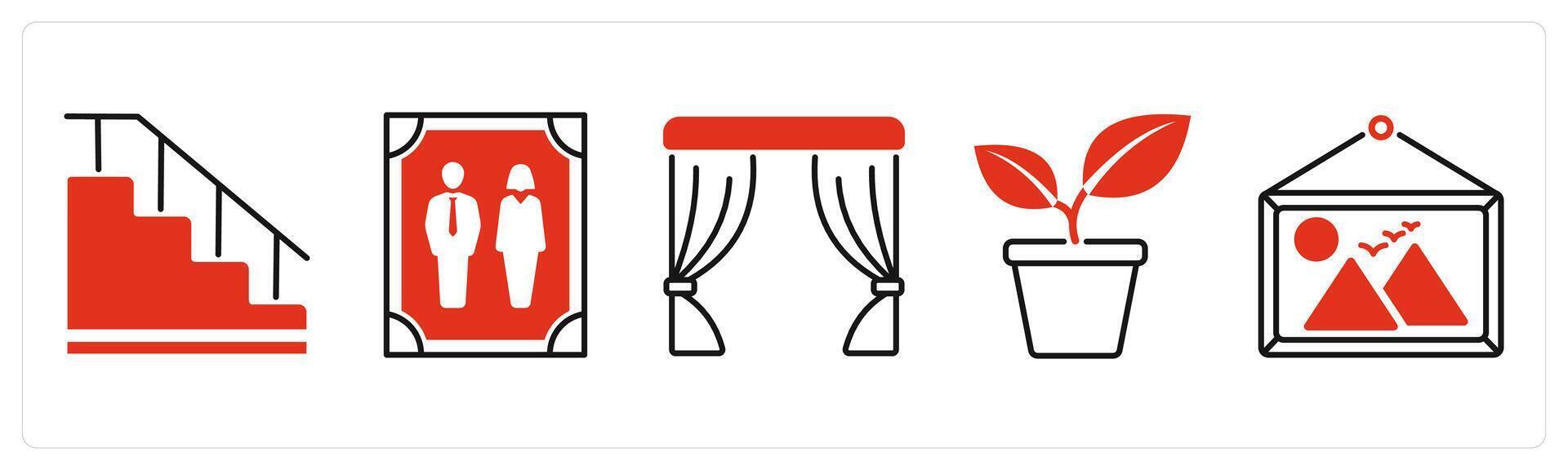 Five Furniture icons as suitcase, photo frame, curtains vector