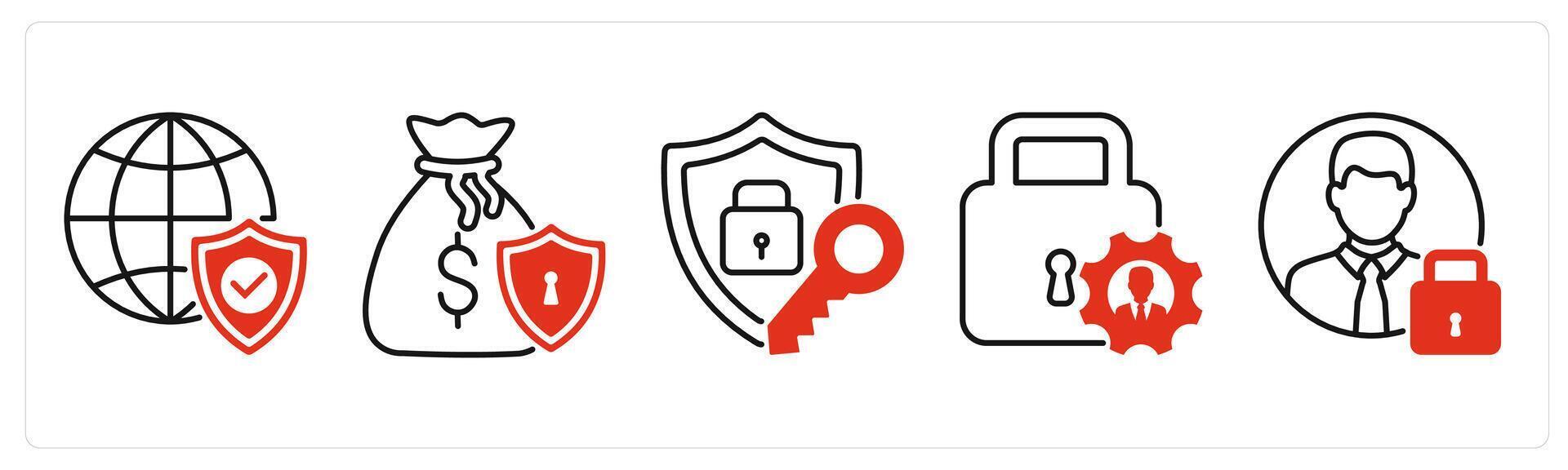 Five GDPR icons as global compliance, money protection, shield protection vector
