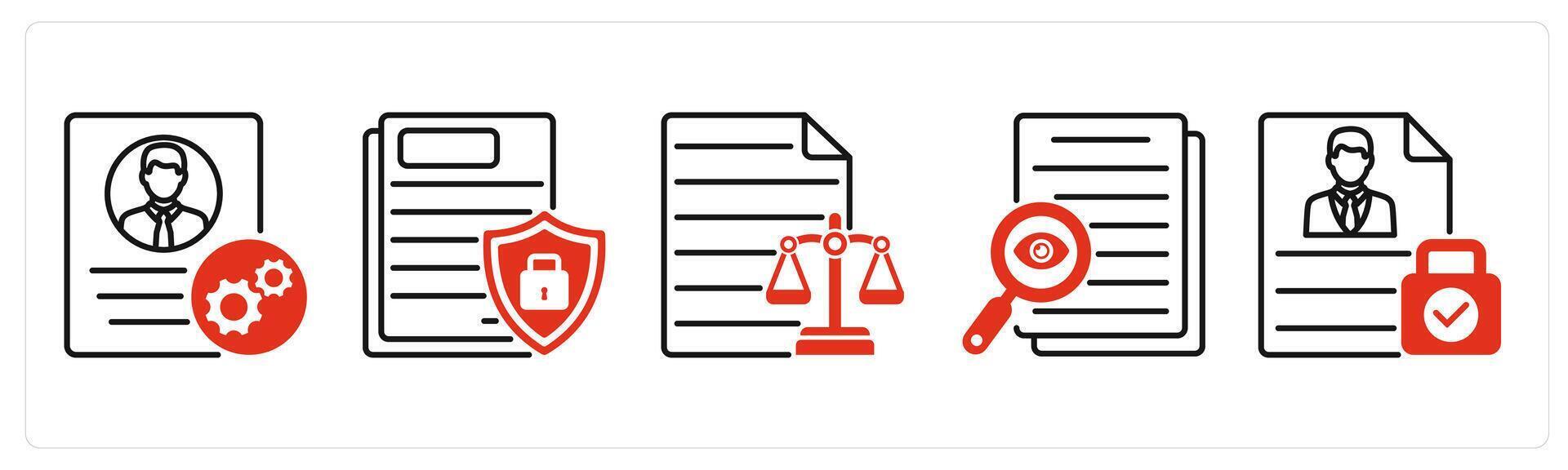 Five GDPR icons as de identification, document protection, balance sheet vector