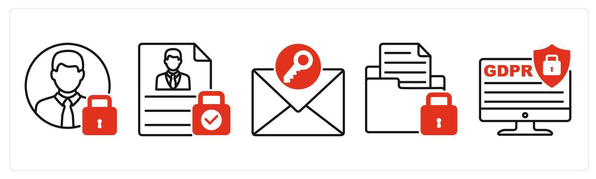Five GDPR icons as account security, personal data, secure message vector