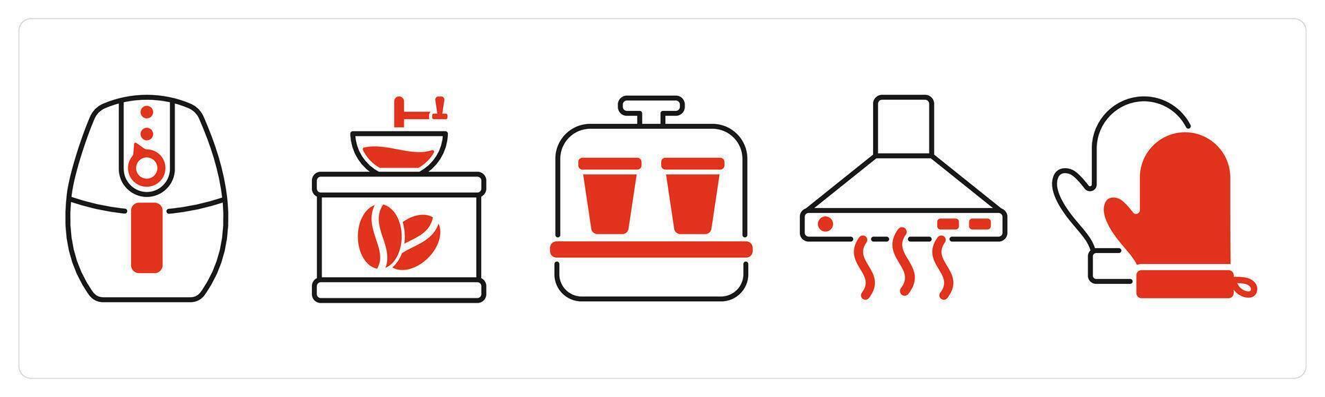Five Home Appliances icons as air fryer, coffee grinder, yoghurt maker vector