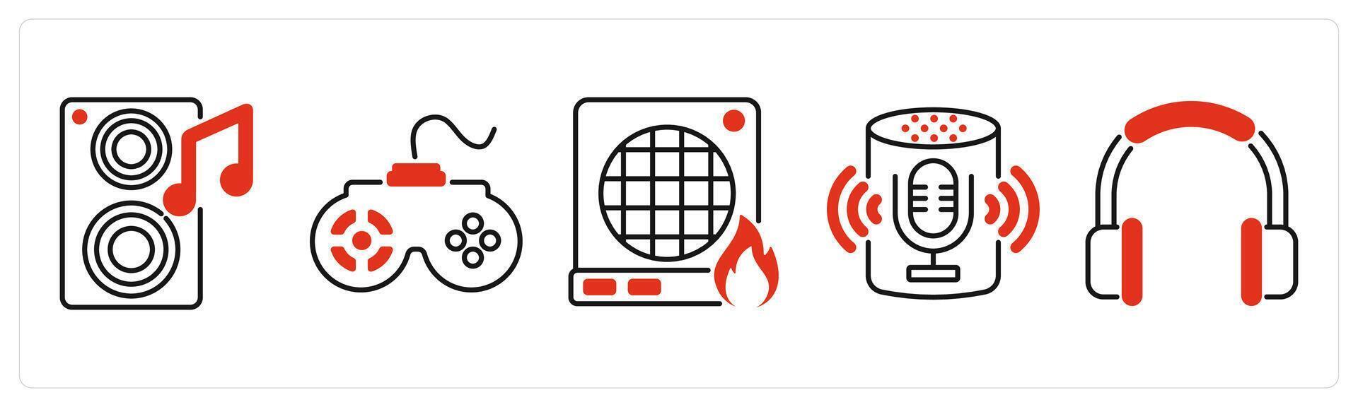 Five Home Appliances icons as speaker, game pad, heater vector