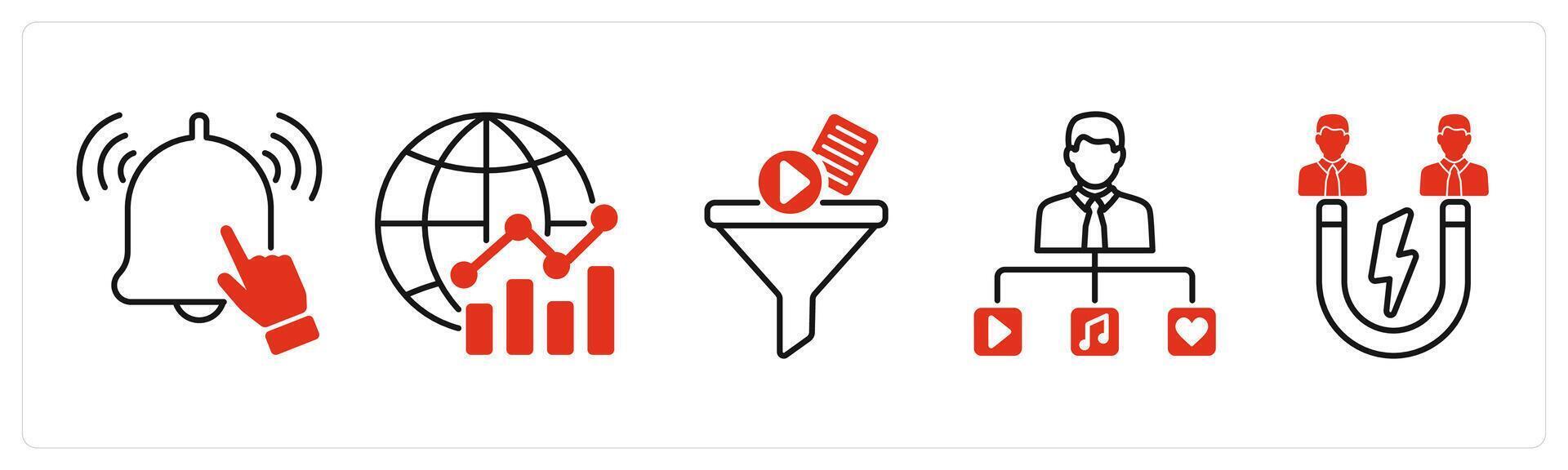 Five Influencer icons as subscribe, global marketing, content filter vector