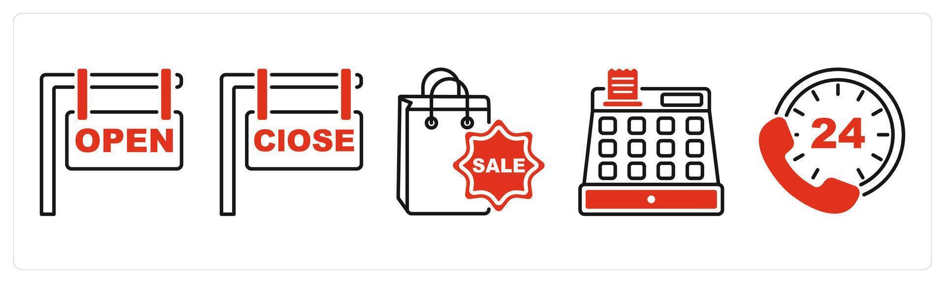 Five Offer and Sale icons as open board, close board, shopping bag vector
