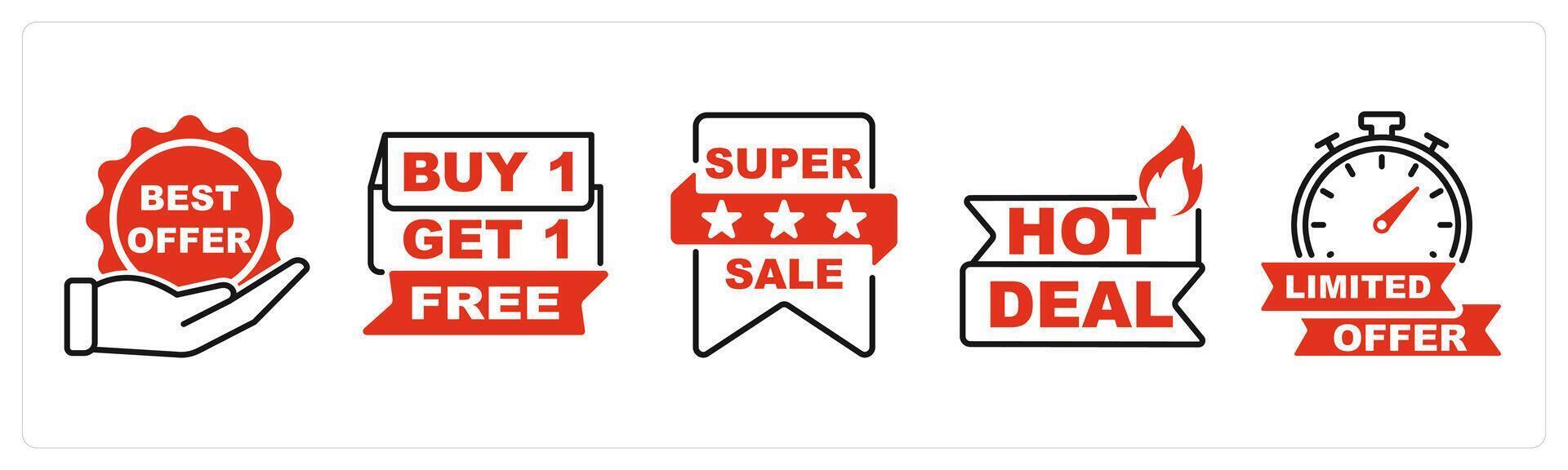 Five Offer and Sale icons as best offer, free, super sale vector