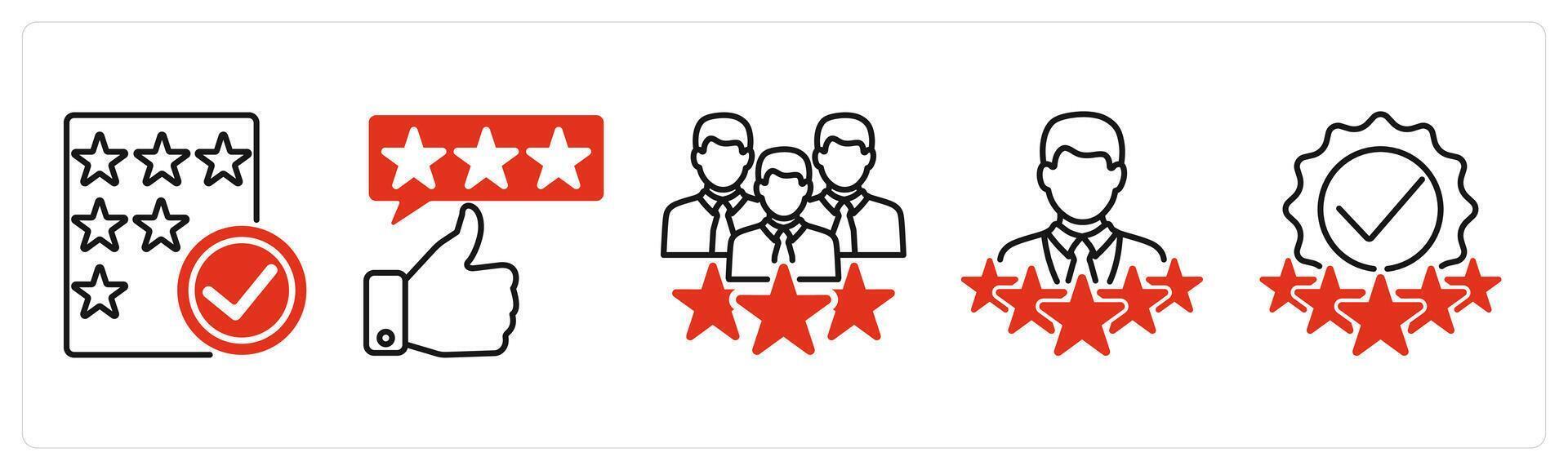 Five Survey and Rating icons as rating verification, valid review, customer satisfaction vector