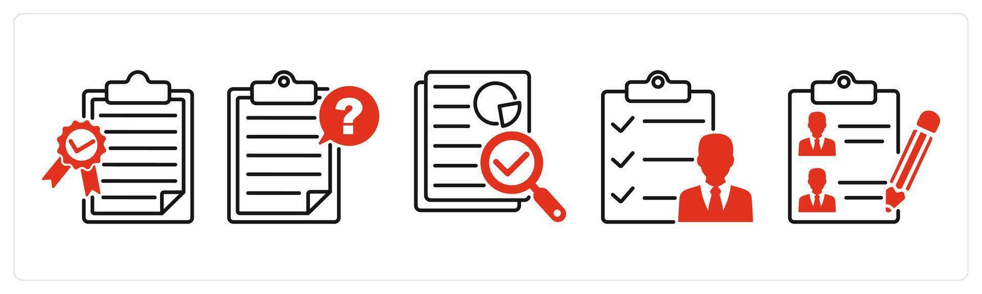Five Survey and Rating icons as quality certificate, questionnaire, audit vector