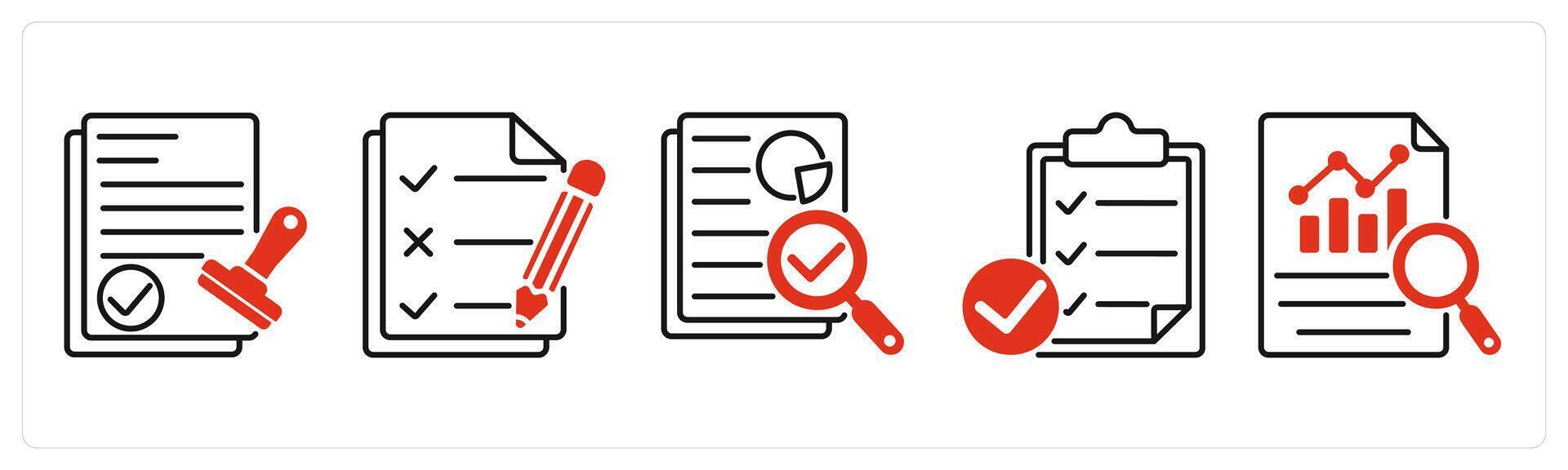 Five Survey and Rating icons as verified approval, to do list, audit vector