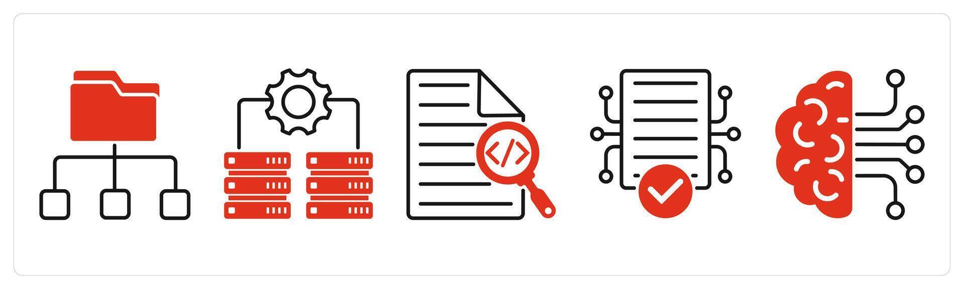Five Technology icons as distribution files, it infrastructure, code search vector