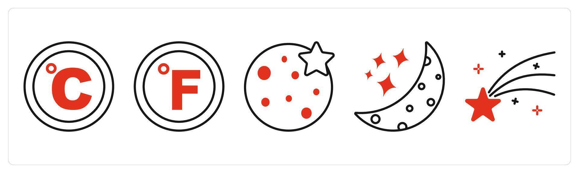 Five Weather icons as celsius, fahrenheit, full moon vector