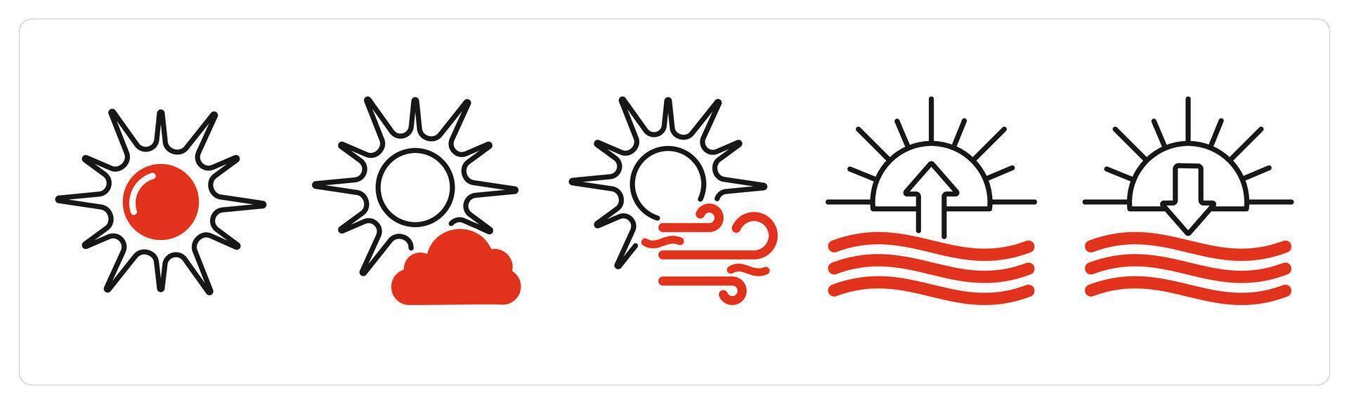 Five Weather icons as sun, little cloud, wind and sun vector