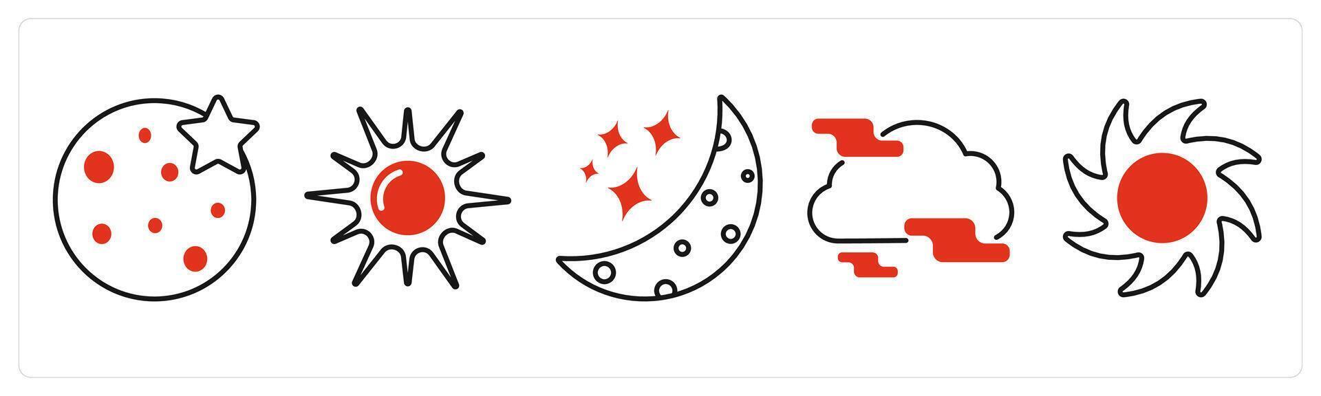 Five Weather icons as full moon, sun, starry night vector