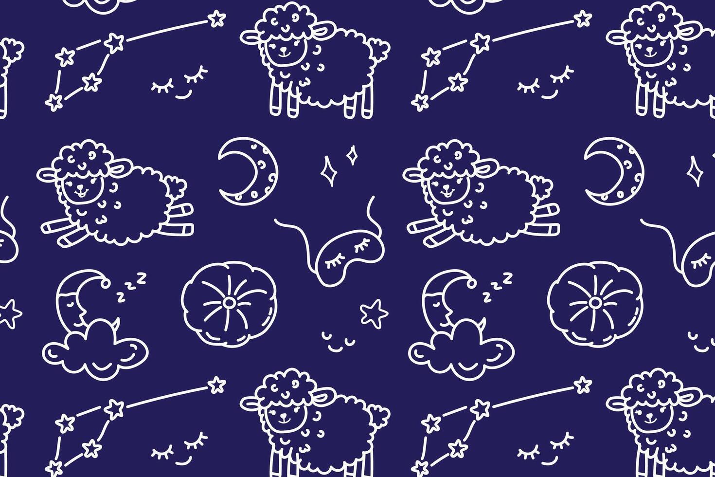 pattern doodle with pillow, sheep, moon, sleep mask and stars on dark blue background vector