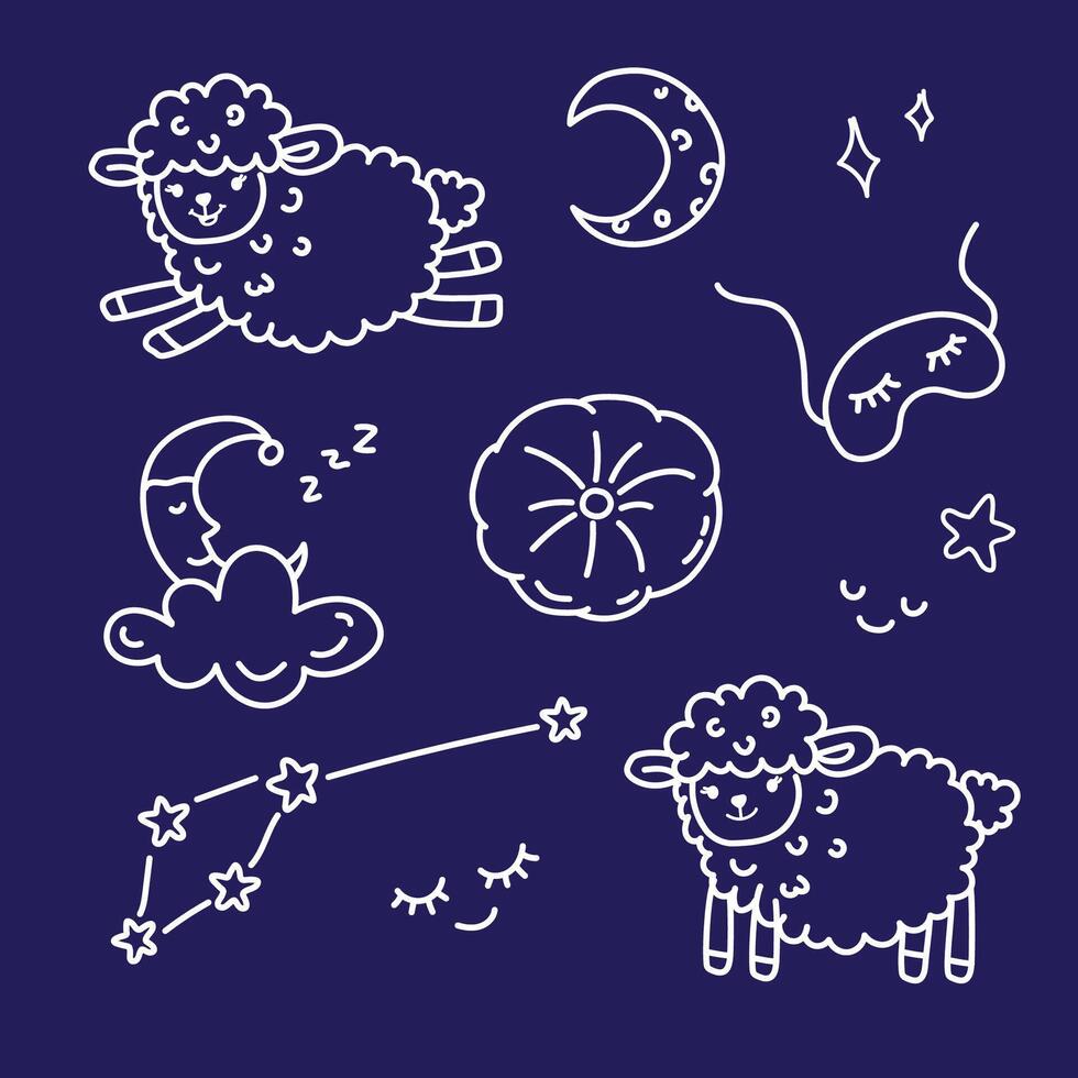 Set of drawings on the theme of sleep cute sheep, jumping sheep, pillow, moon, constellation. Good night. White color symbols on a dark background. Count the sheep. vector