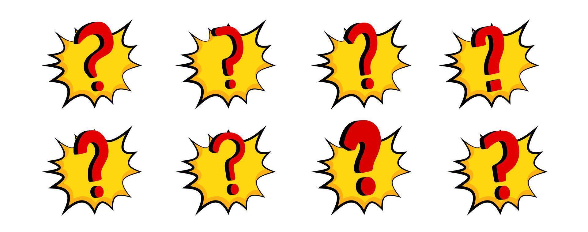 Cartoon question marks in red and yellow for alerts and riddles. vector