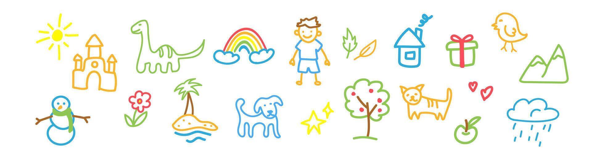 Playful doodle of a snowman, sun, and butterflies. vector