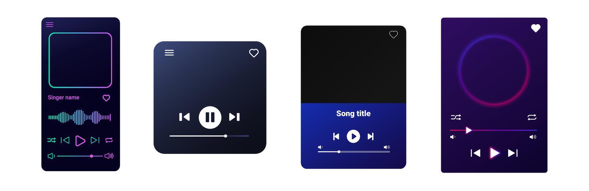 Dark theme music player with playlist and track controls. vector
