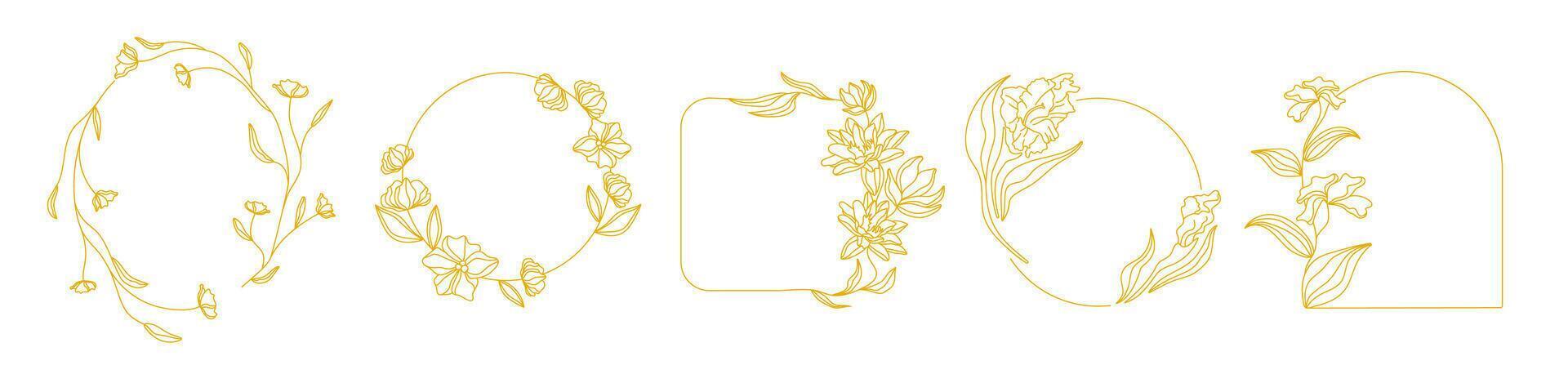 Golden frames with flowers for decoration. vector
