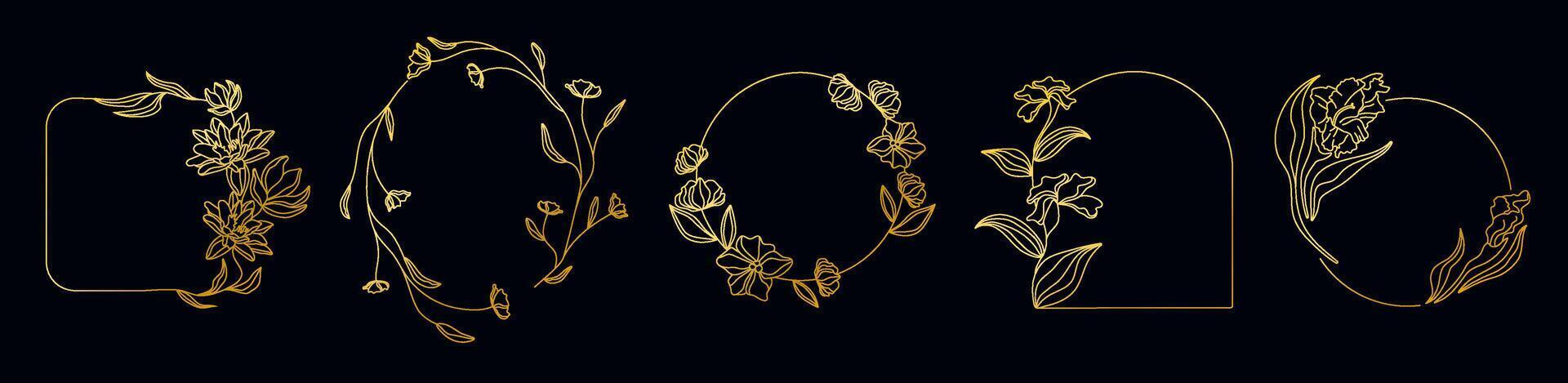 Set of golden frame with flowers for pictures and photos. vector